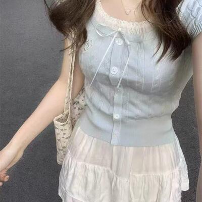 2025系带夏季新款蕾丝针织衫短袖蝴蝶结小众短款白月光甜妹上衣