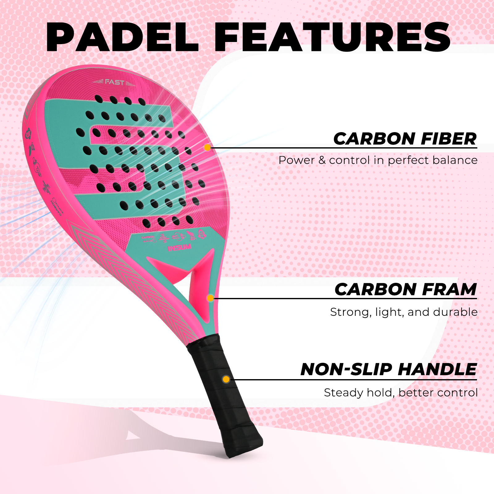 INSUM Padel Racket板式网球拍粉色碳纤维专业笼式训练Padel球拍,运动/瑜伽/健身/球迷用品,匹克球拍,淘宝优惠券,粉丝福利购,淘宝优惠卷