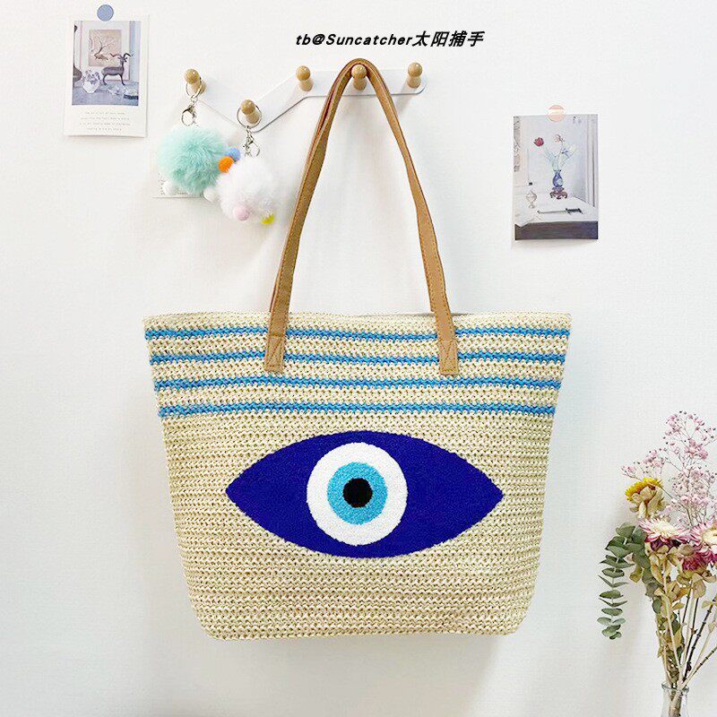 Evil Eye恶魔之眼草编包单肩包 大容量购物包袋条纹蓝眼睛手提包