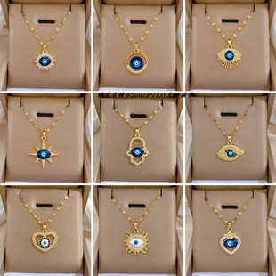 锆石滴油evil 土耳其蓝眼睛锁骨链手掌毛衣链 eye恶魔之眼项链