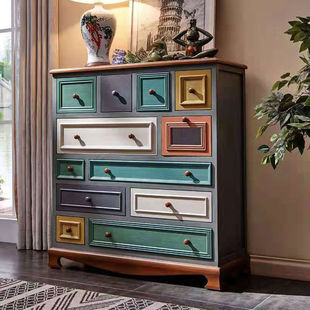 客厅多功能收纳柜 卧室复古彩绘多抽屉储物柜欧式 斗柜实木爆款 美式