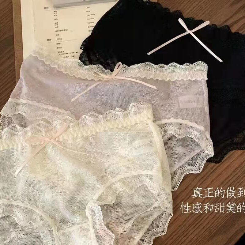 日系雪花朦胧网纱蕾丝内裤性感无痕心机纯棉高弹力中腰女士三角裤