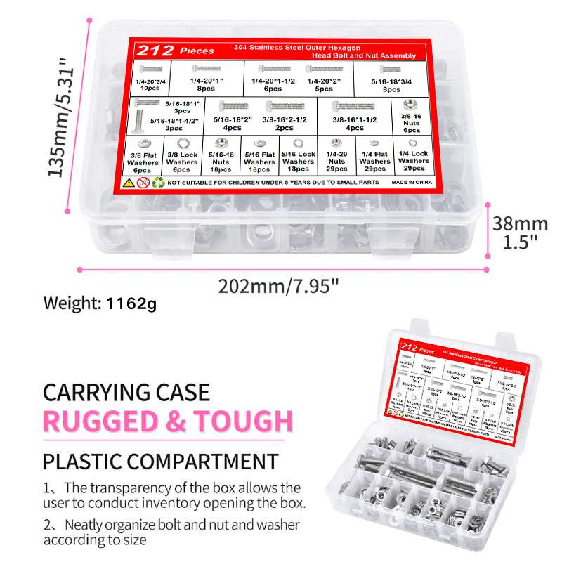212pcs 304不锈钢六角头螺栓 平弹垫圈及螺母套装 英制外六角螺丝