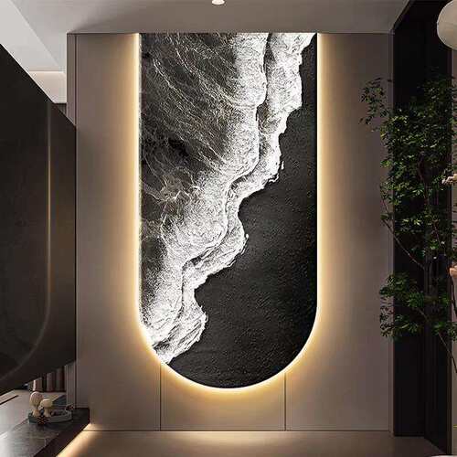 抽象海浪玄关装饰肌理感走廊过道拱形挂画黑白灰入户带灯光壁画