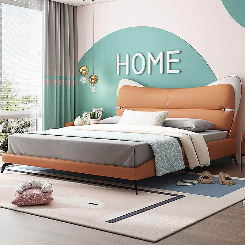 现代儿童皮艺床简约男孩轻奢青少年猫咪床卧室1.5米1.8米床网红款