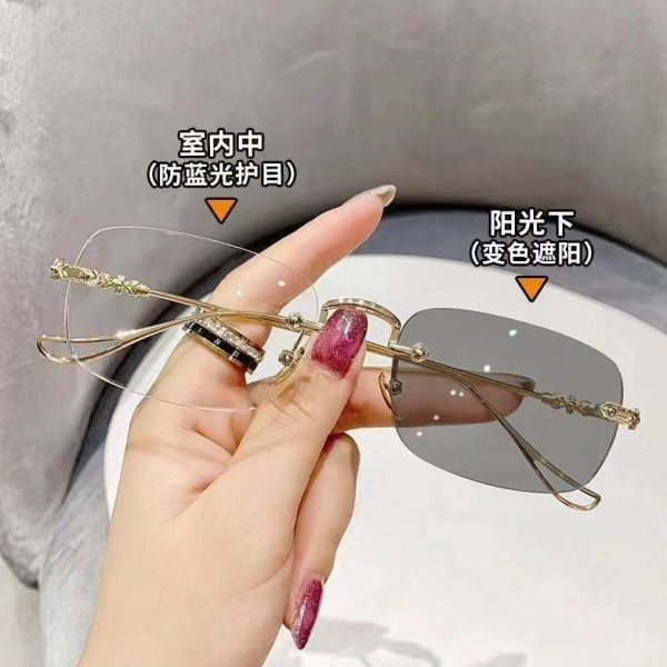 潮小方边无框度数防蓝光变色眼镜男可配近视切超轻形金丝眼睛女款