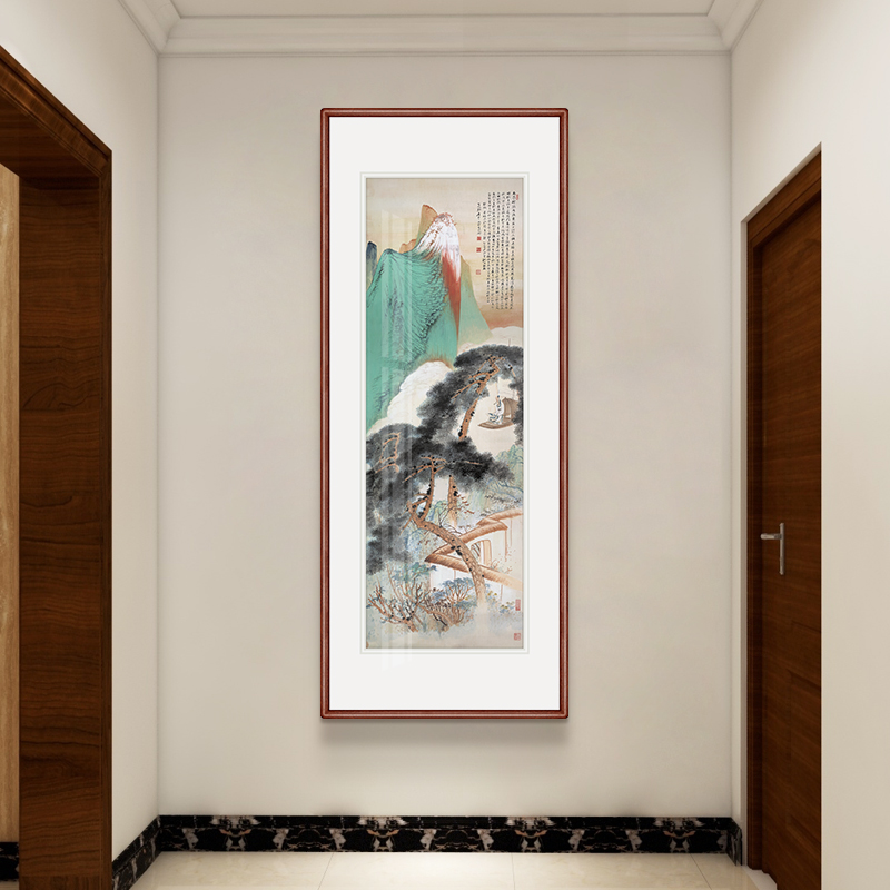 张大千经典国画彩墨山水画新中式玄关挂画走廊过道尽头竖版装饰画