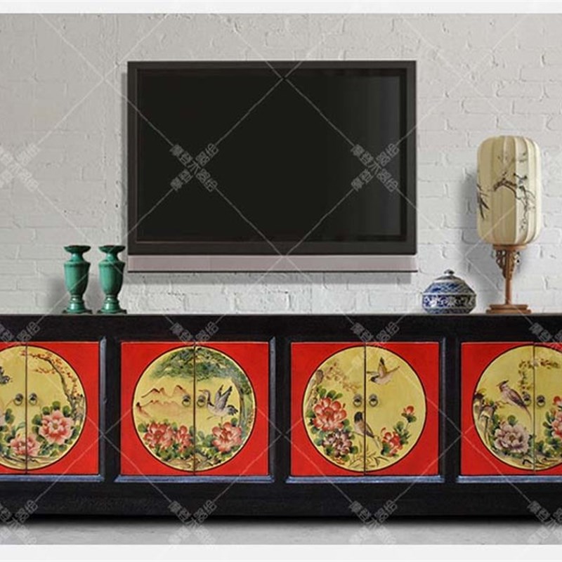 西藏家具彩绘家具藏式手绘电视柜炕柜客厅柜矮柜边柜实木中式家具