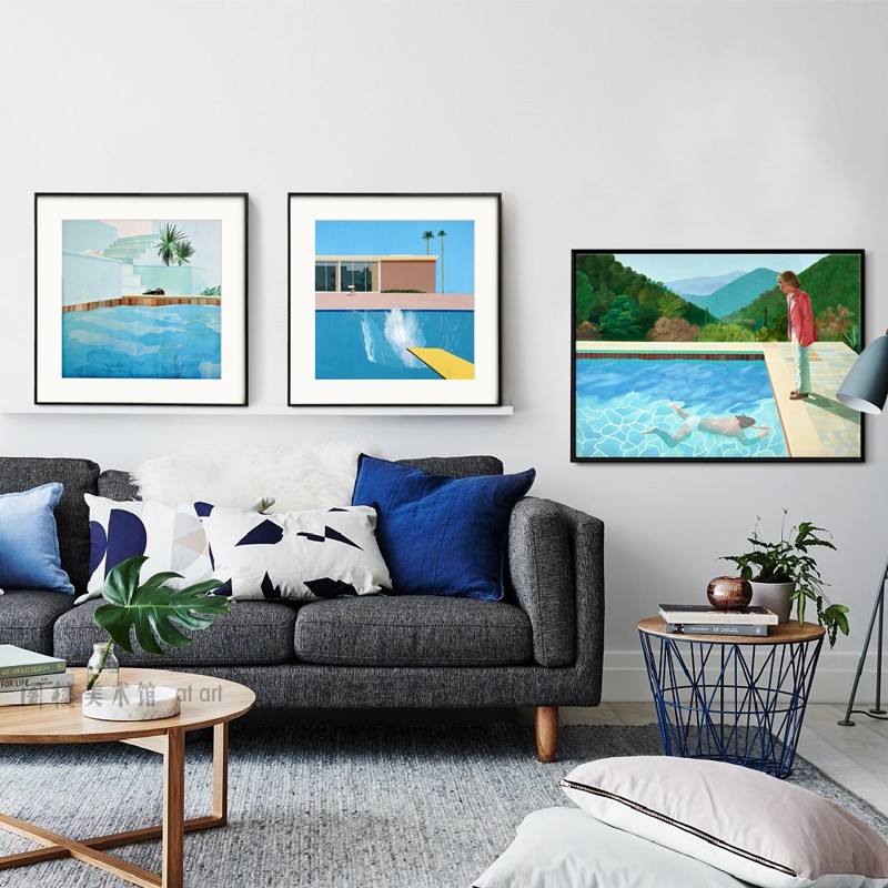 游泳池B组 大卫霍克尼 阁楼美术馆客厅装饰画沙发墙挂画金属画框