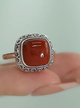 南覆925银方糖红戒瑙指女国风新中古式玛唐草J-104纹开口可调节指