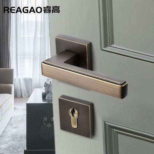 睿式高纯门铜REAGAO\/静音门锁内房锁法式家用分体锁新中门把手室