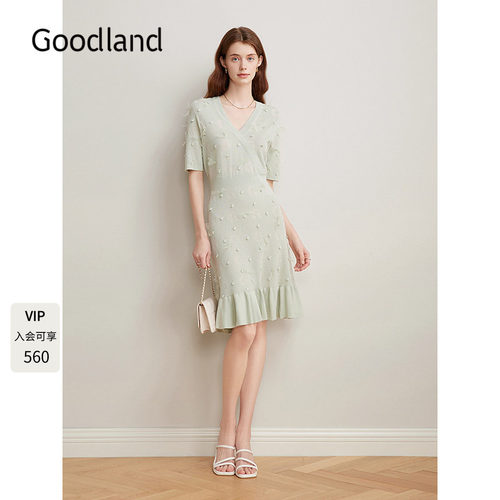 Goodland美地女装2025春新款草绿色法式镂空V领针织裙短袖连衣裙
