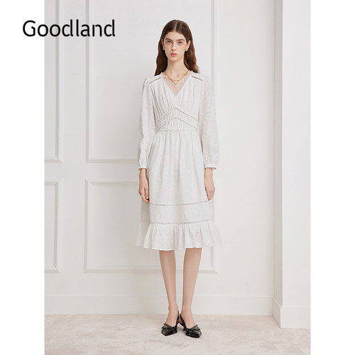 Goodland美地白色法式刺绣连衣裙女蕾丝v领2026春新款LC36105230 - 封面