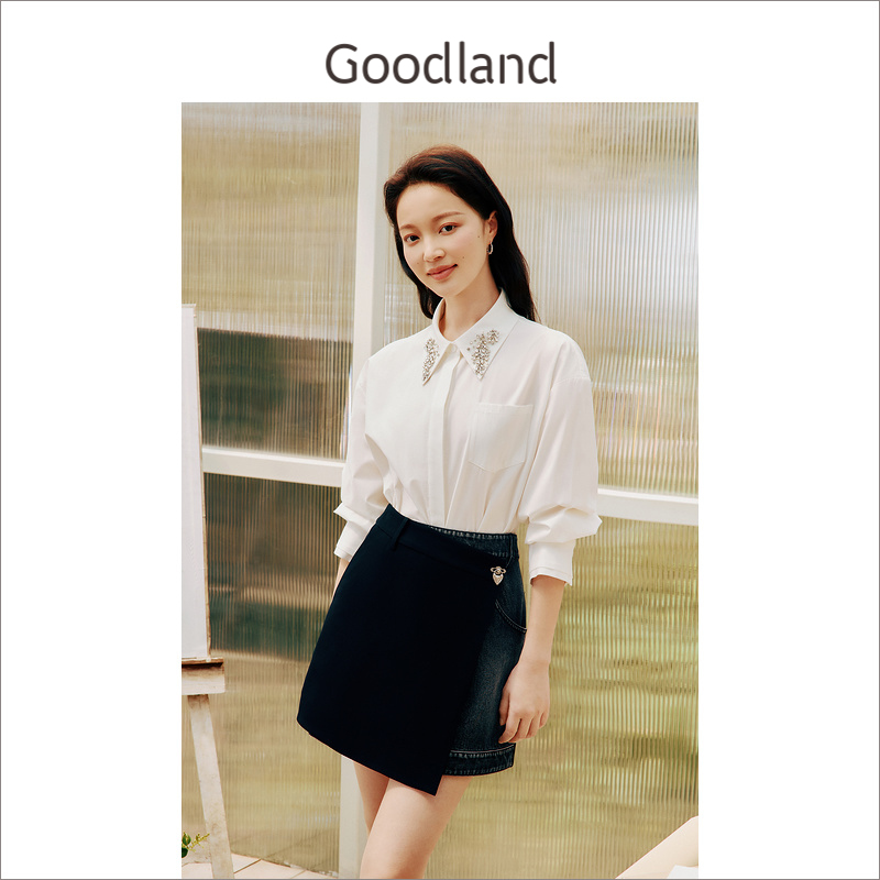 Goodland美地女装春夏优雅钉钻白色长袖衬衫上衣薄款