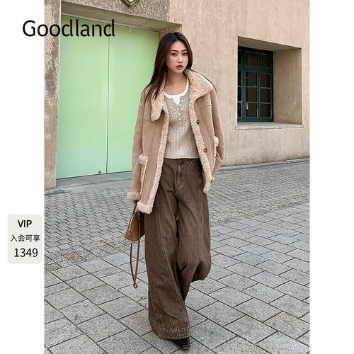 Goodland美地羊羔毛仿皮草一体外套环保麂皮2025冬新款LC35510010