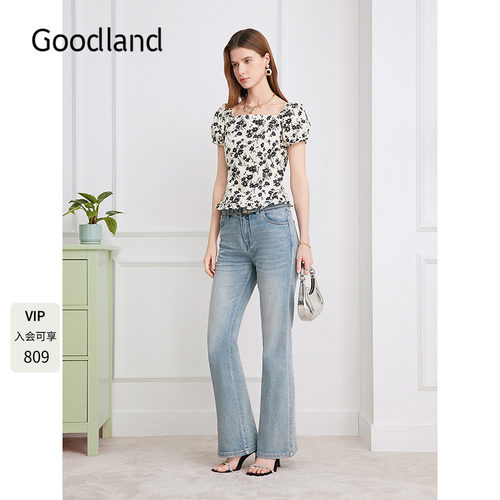 Goodland美地2026夏季新款方领/一字领花卉印花衬衫LC36270010