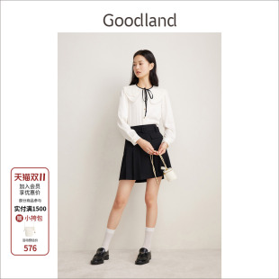 Goodland美地2024春优雅米白色醋酸衬衫 上衣 女蕾丝娃娃领长袖