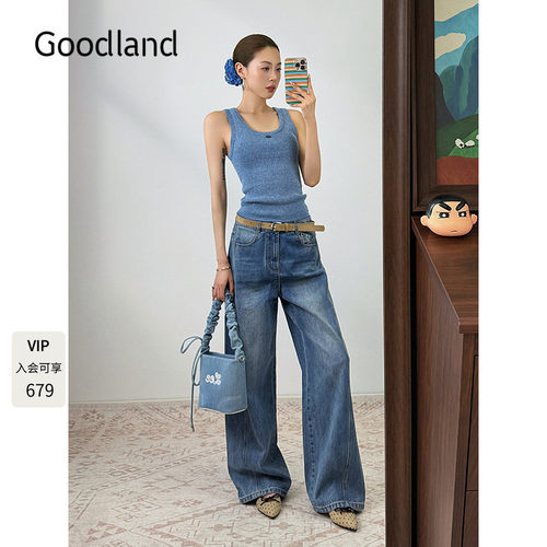 Goodland美地女装2025早秋新款棉质阔腿牛仔裤女裤LC35320120