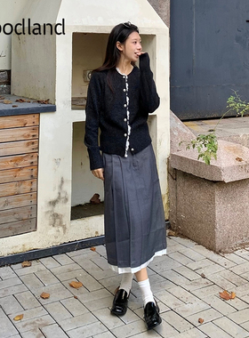 Goodland美地女装2024年冬季新款Miu系灰色百褶裙a字半身裙中长款