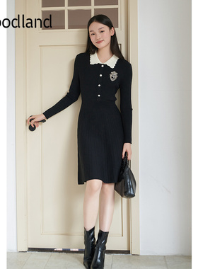 Goodland美地羊毛混纺娃娃领收腰针织连衣裙秋冬季LC34506397
