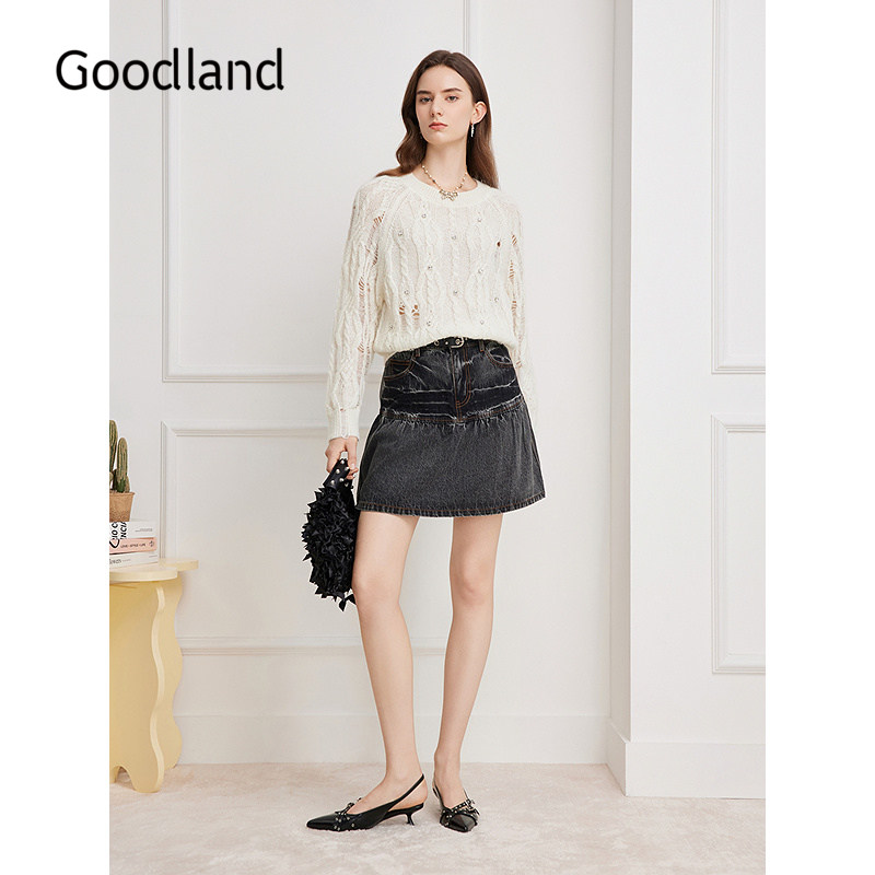 Goodland美地米白色钉钻绞花毛衣女宽松慵懒2026春新款LC36106130