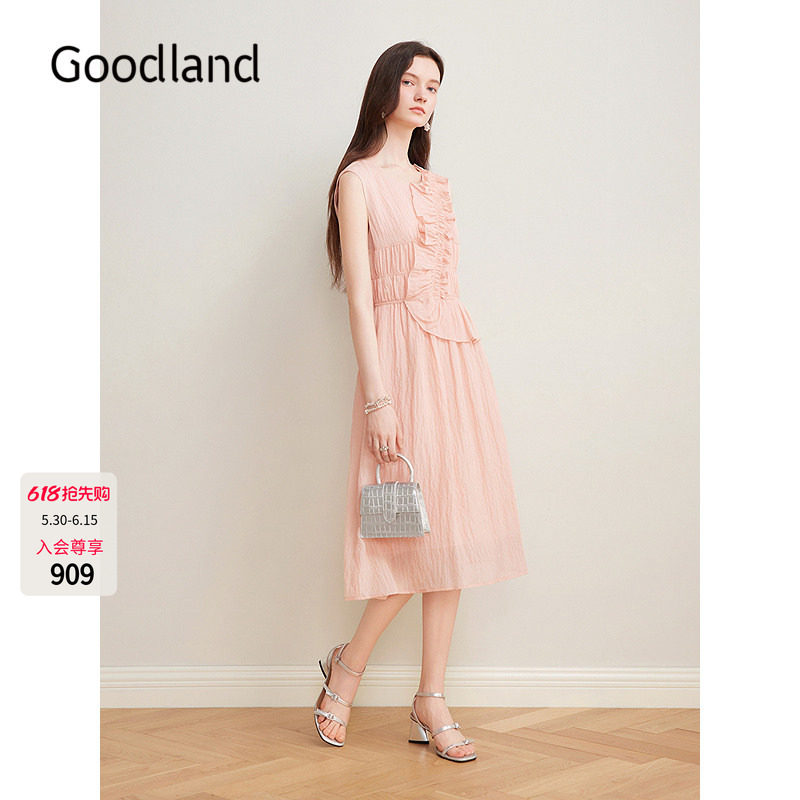 Goodland美地西柚粉色泡泡纱无袖连衣裙女夏季收腰LC35205800