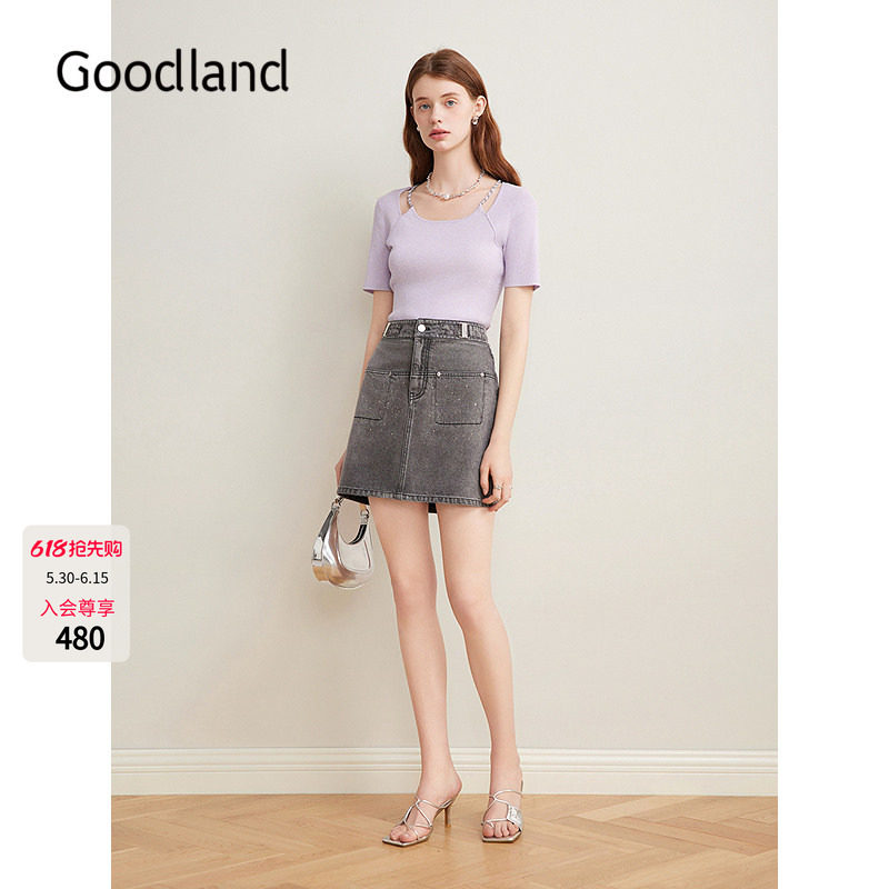 Goodland美地链条苎麻短袖针织衫上衣女夏季薄款LC35206800