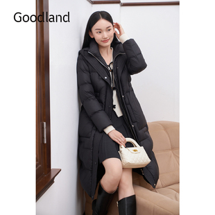保暖白鸭绒收腰连帽羽绒服长款 新款 2024年冬季 Goodland美地女装