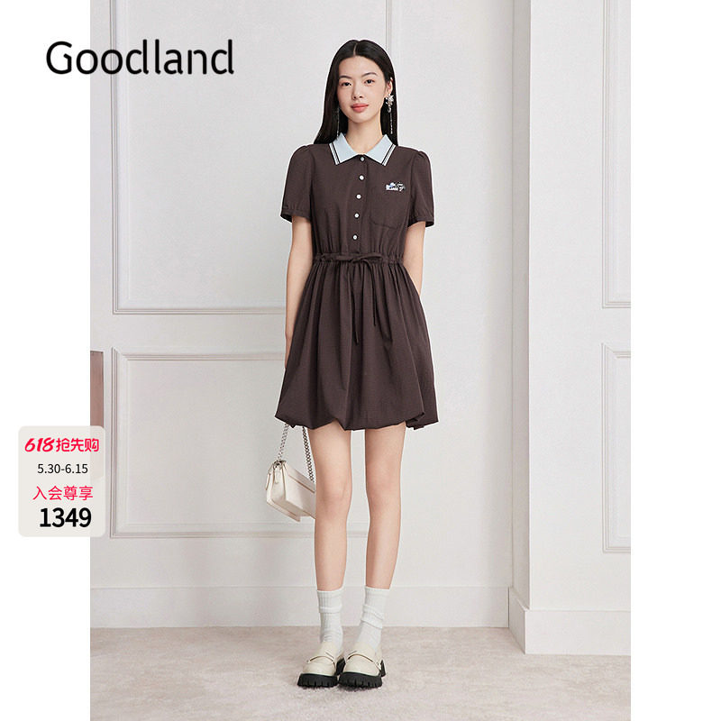 Goodland美地法式翻领连衣裙女夏季2026新款收腰a字裙LC36205090
