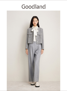 Goodland美地女装春季气质灰色绵羊毛小香风短外套单排扣小夹克