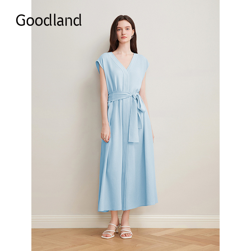 Goodland美地女装2025夏季新款优雅气质v领收腰衬衫式连衣裙长款