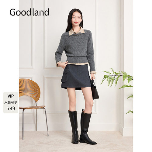 Goodland美地女装法式钉珠圆领针织衫上衣2025冬季新款LC35506360