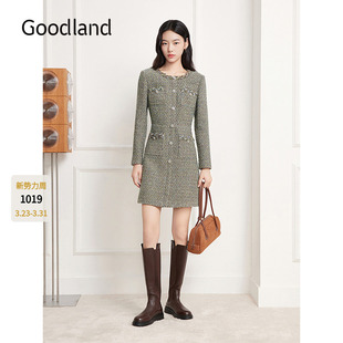 Goodland美地绿色精致花纱法式 LC35505220 小香风连衣裙2025冬新款