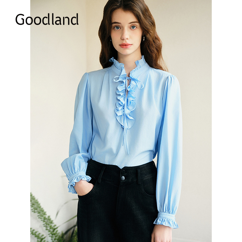 Goodland美地女装秋季法式荷叶边衬衫设计感花边上衣LC35170060