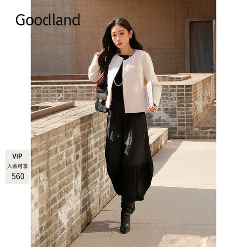 Goodland美地女装优雅白色圆领直筒小香风短外套