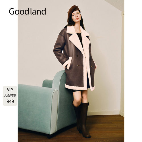 Goodland美地女装2024年冬季新款环保皮草翻领仿皮毛一体外套中款