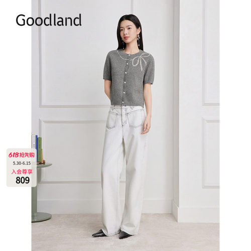 Goodland美地时尚通勤蝴蝶结钉钻针织开衫女2026夏新款LC36206110