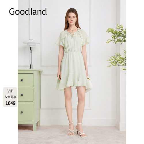 Goodland美地2026夏季新款浪漫荷叶边收腰A摆连衣裙LC36205060