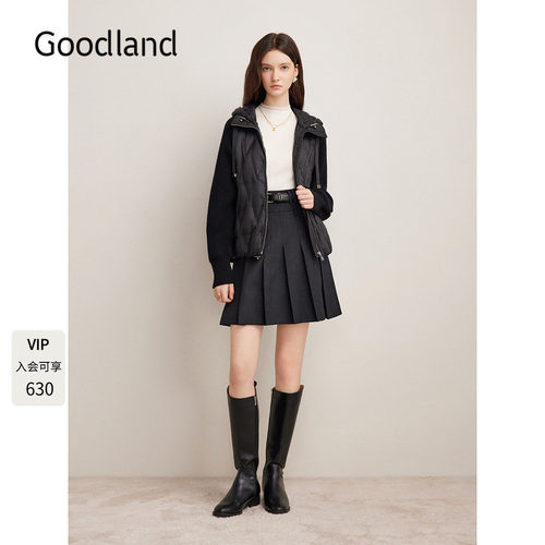 Goodland美地黑色轻便连帽羽绒服女鸭绒拼接针织袖LC34508370