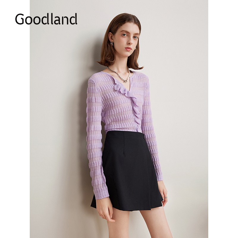 Goodland美地女装2025年早春新款浅紫色麻纱法式花边针织衫上衣