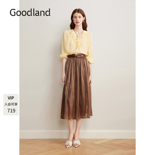 Goodland美地【王冰冰同款】荷叶花边V领雪纺衬衫氛围长袖上衣