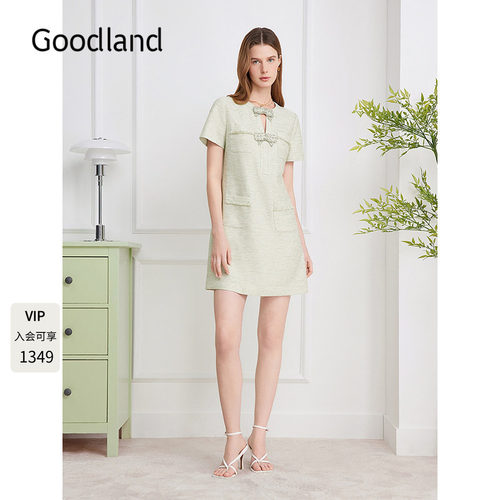 Goodland美地小V领钉钻蝴蝶结2026夏季新款连衣裙LC36205050
