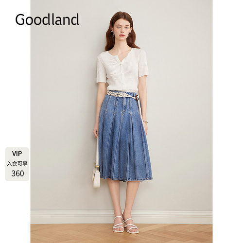 Goodland美地2025夏季新款工字褶高腰牛仔洗水半身裙女