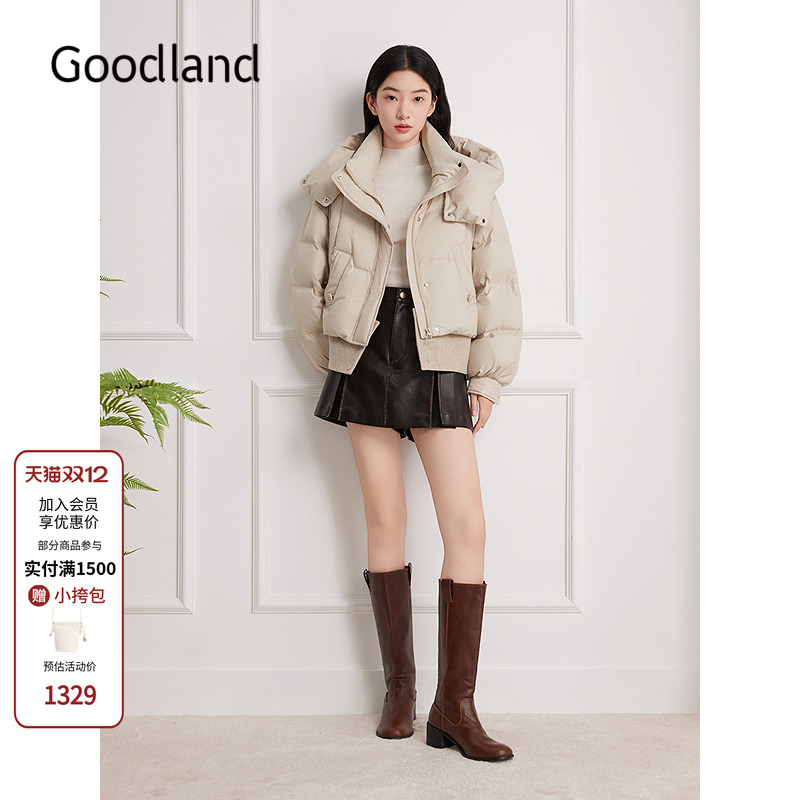Goodland美地立领连帽面包服鸭绒羽绒服女2025冬季新款LC35508140
