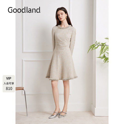 Goodland美地米色优雅法式花纱小香风连衣裙2025新款LC35305360