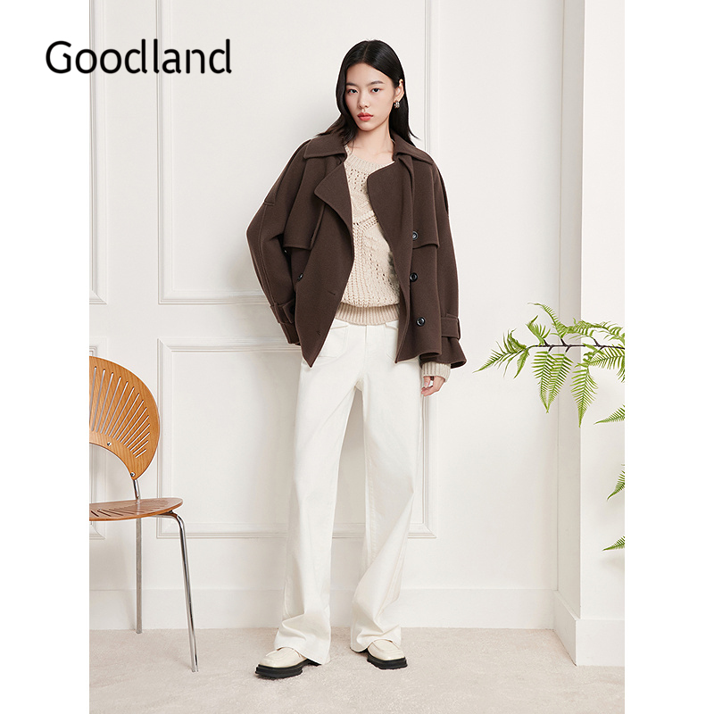 Goodland美地100羊毛风衣式大衣短外套女2025冬新款LC35580330
