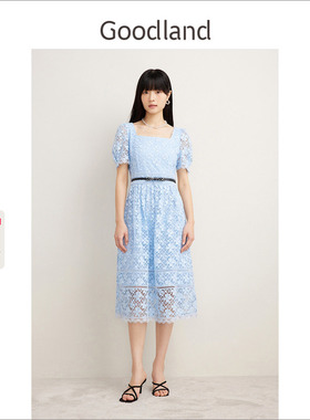 Goodland美地蓝色方领镂空蕾丝连衣裙女夏优雅长裙