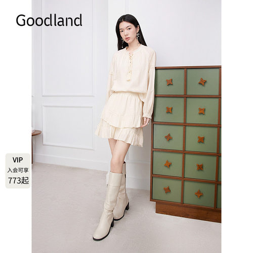 Goodland美地2026秋季新款荷叶边镂空立体绣花衬衫/松紧腰半身裙