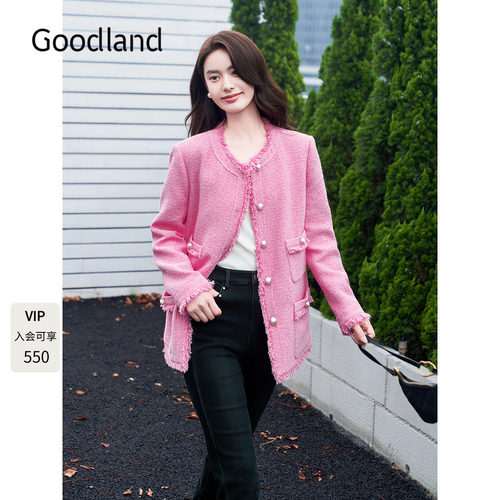 Goodland美地女装春季千金风粉色流苏小香风花纱圆领外套
