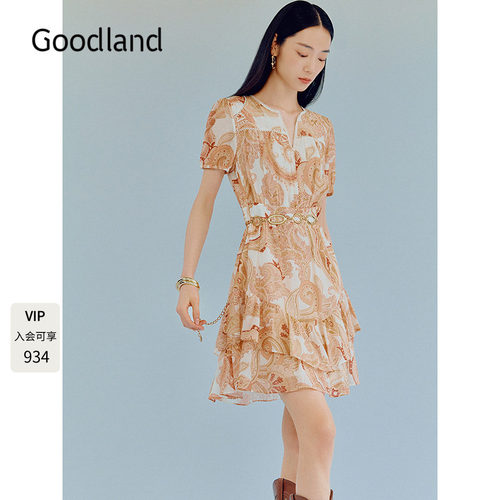 Goodland美地法式泡泡袖气质印花荷叶边连衣裙女夏季LC36105140